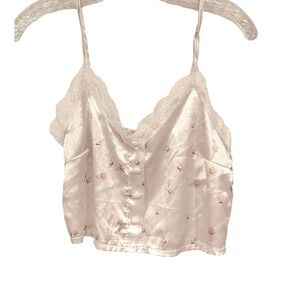 White Floral Lace Trim Cami Top Women's Size S Satin Silk V-Neck Button Front